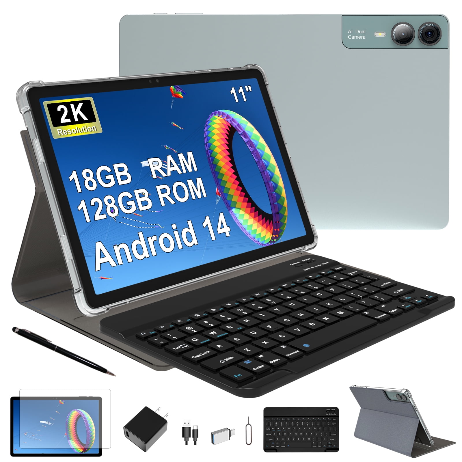 11 inch Tablet with Keyboard Android 14 2000*1200 2K Display Tablets PC, T616 Octa-Core 2.0GHz, 18GB RAM 128GB ROM 1TB Expandable, 5M+5M+13MP AI Camera, 9000mAh Battery, With Case, Pen